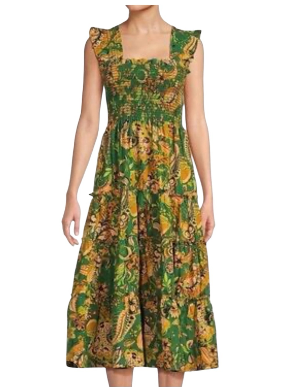Kourt Calypso Green Tiered Smocked Tropical Midi Dress Size XS